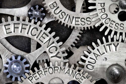 Four cogs with the words business, efficiency, quality and performance written on them