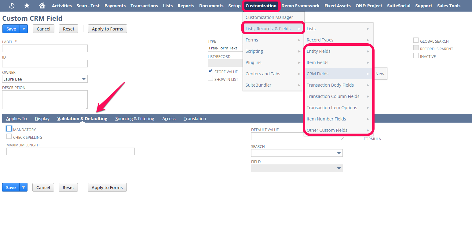 NetSuite tips - setting validation & defaulting