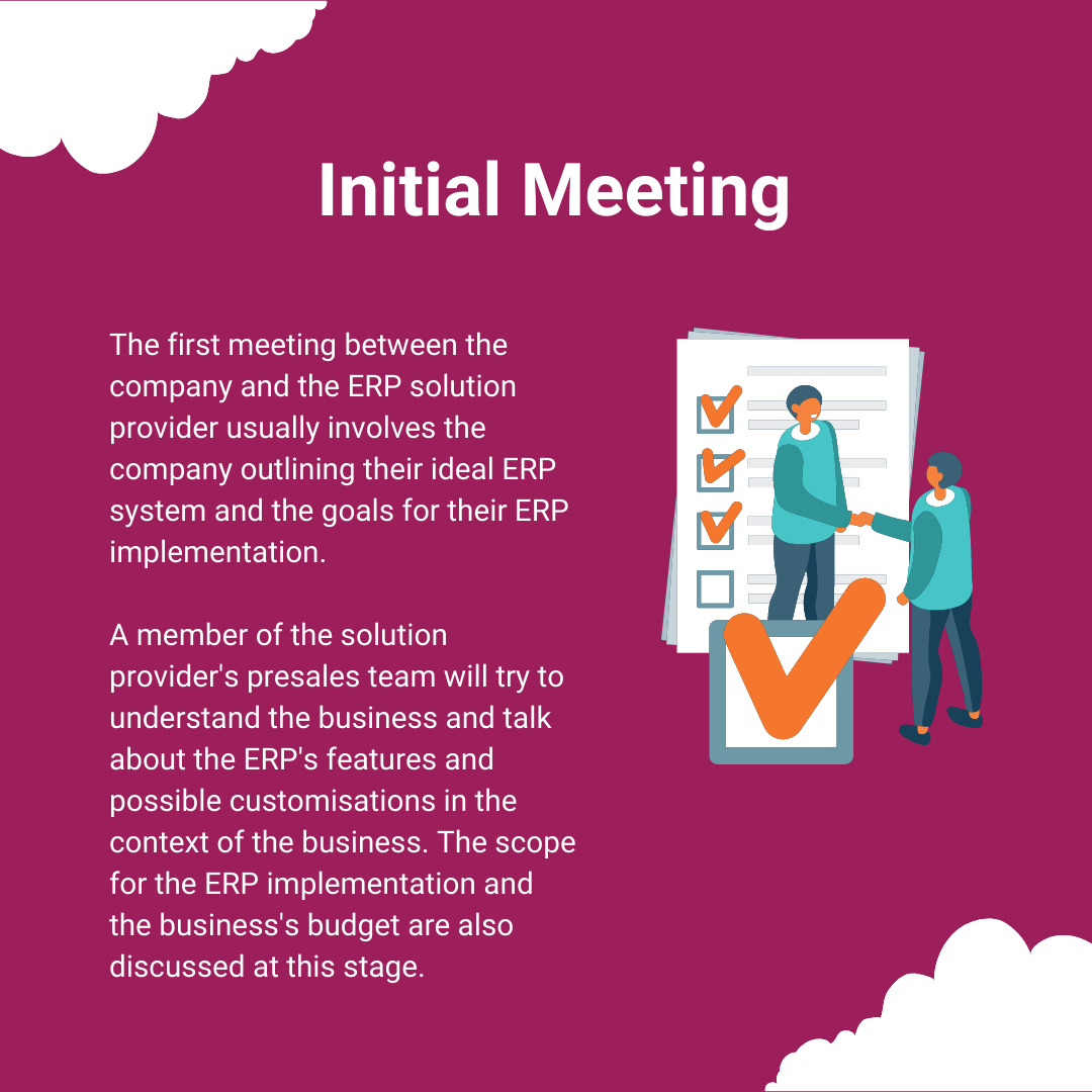 Initial ERP presales meetings involve discussion of the ideal ERP, implementation goals, scope, and budget.